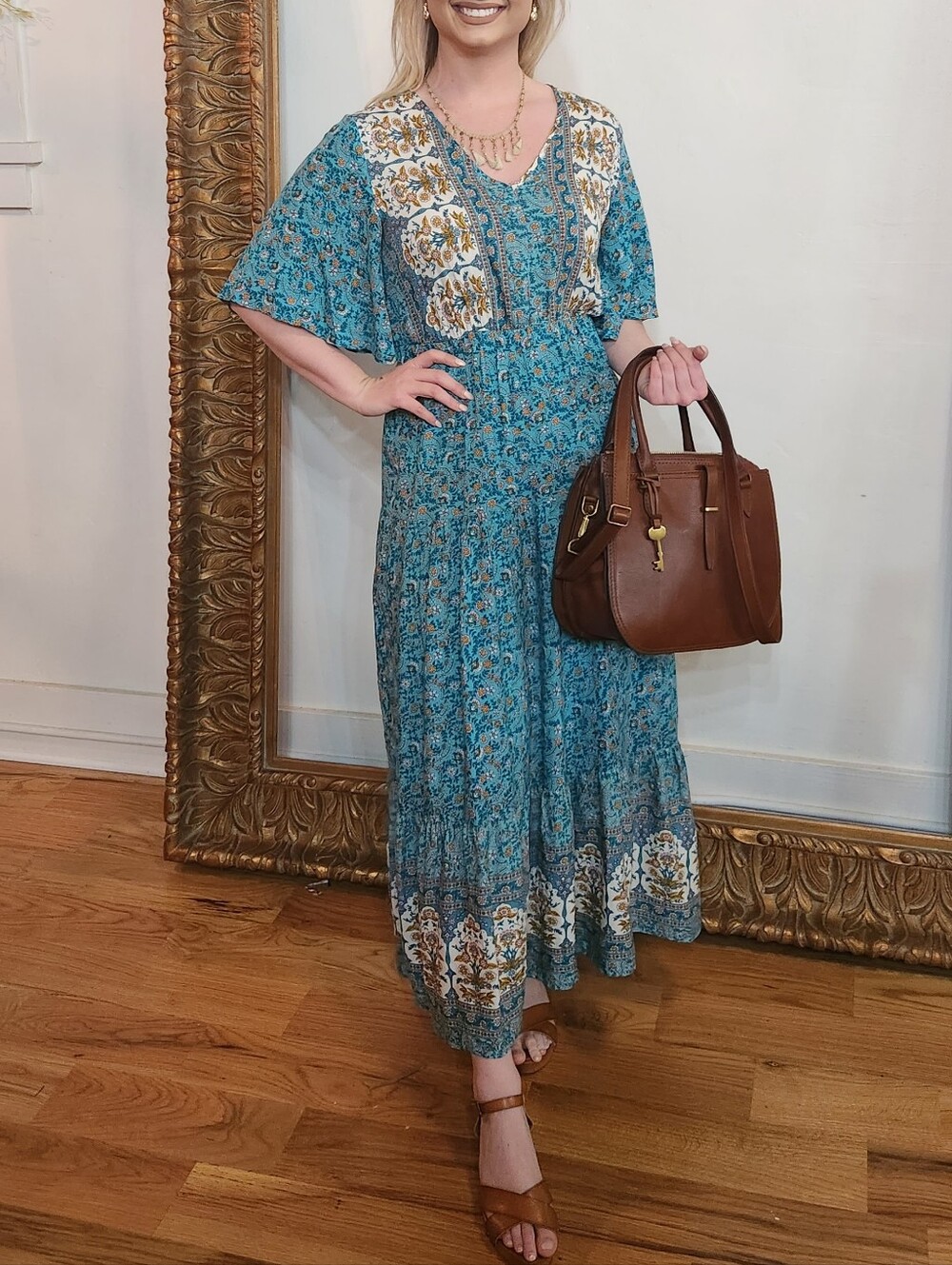 Boho Teal Floral Maxi Dress - Lightweight Casual